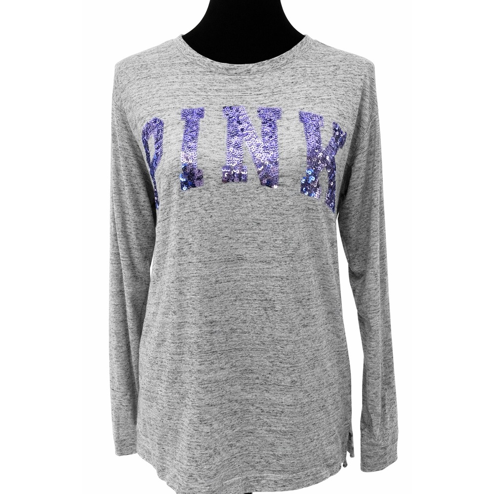 PINK Victoria's Secret Womens Long Sleeve Crew T-Shirt Small Gray Purple Sequins